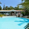 Piscina azzurra con ingresso decorato e palme.