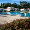 Piscina circondata da villette e giardino fiorito.