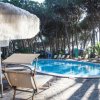 Piscina all'aperto circondata da lettini e ombrelloni di paglia, con alberi sullo sfondo.