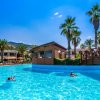 Piscina con palme, un ponte in legno e persone che nuotano sotto un cielo blu.