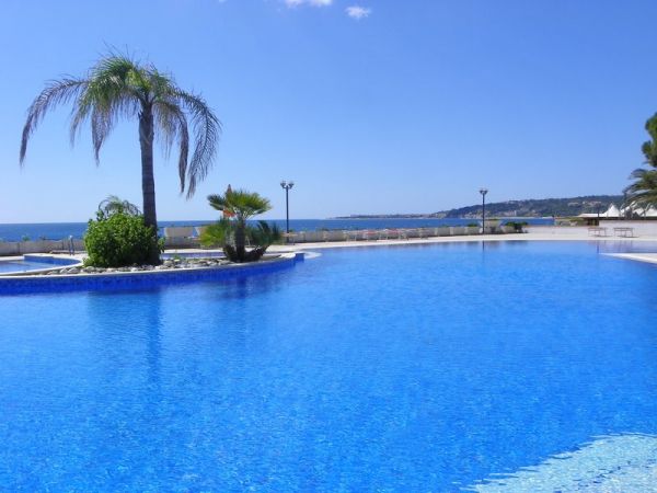 Spiaggia con piscina e palma, cielo azzurro sullo sfondo.